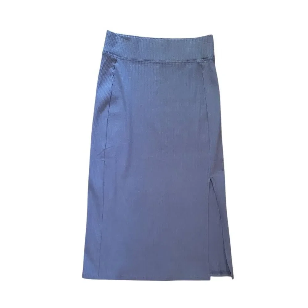 NWT Pact Skirt Women's XS Blue Ribbed Refined Rib Midi Skirt Organic Cotton Slit